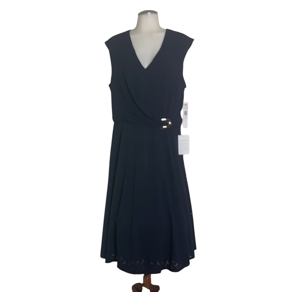 London Times Eyelet Midi Dress Women Size 14 Navy Blue V-Neck Buckle NWT